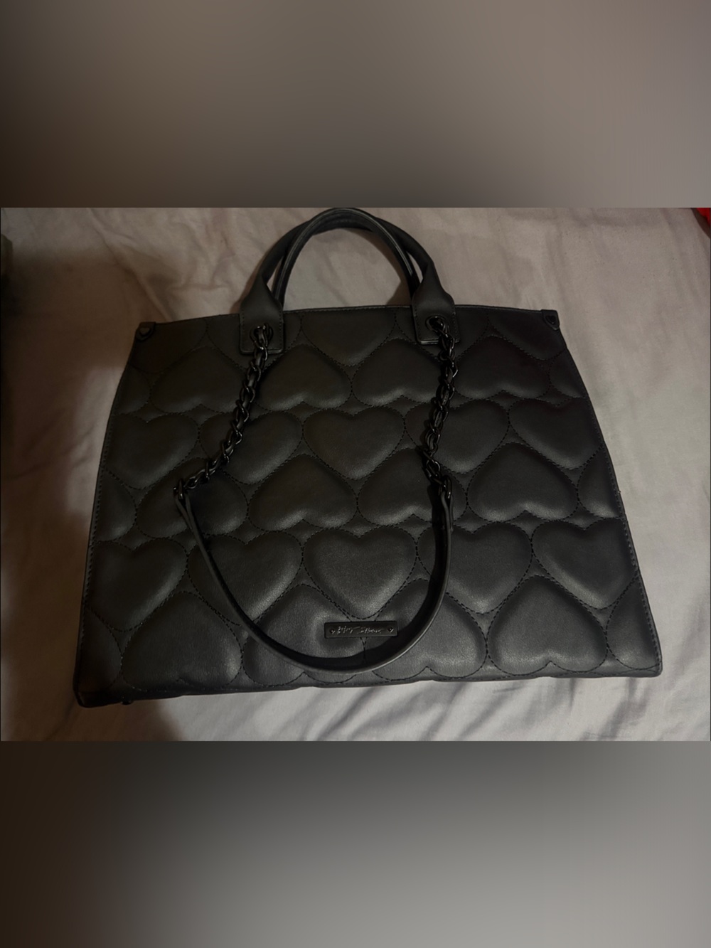 Betsey Johnson Quilted Heart-Pattern Black Tote Bag